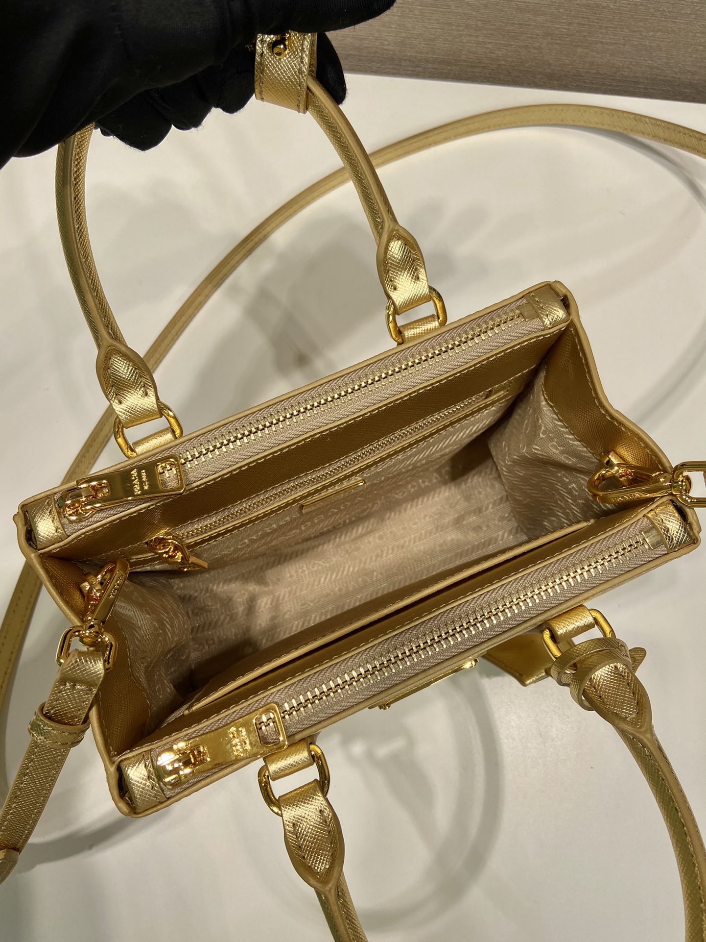 Prada Mini Galleria Saffiano Leather Bag Tote Shoulder Bag Gold 1BA906